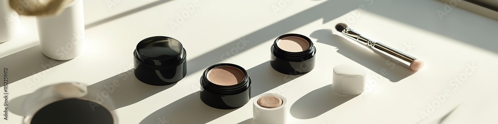 Poster clean flat lay of cosmetic containers and applicators displayed on white matte surface under soft li