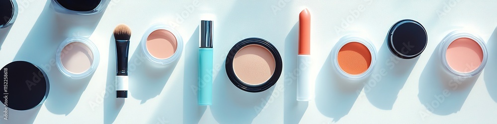 Poster clean flat lay of cosmetic containers and applicators displayed on white matte surface under soft li