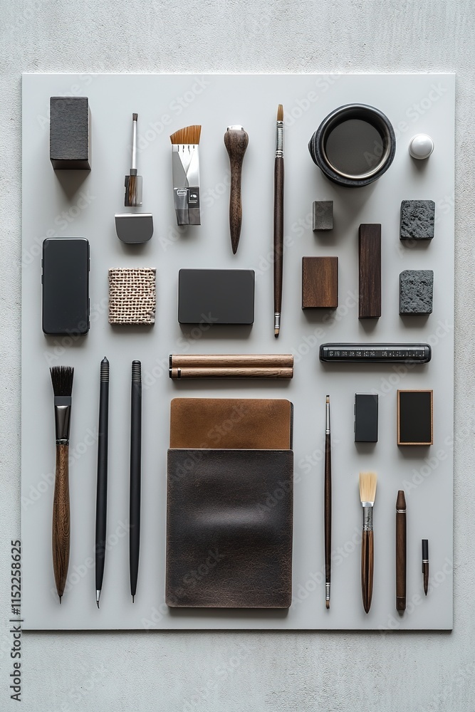 Poster clean arrangement of digital and traditional work tools displayed neatly on smooth matte surface