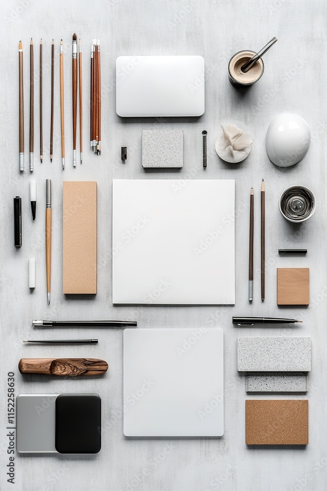 Poster clean arrangement of digital and traditional work tools displayed neatly on smooth matte surface