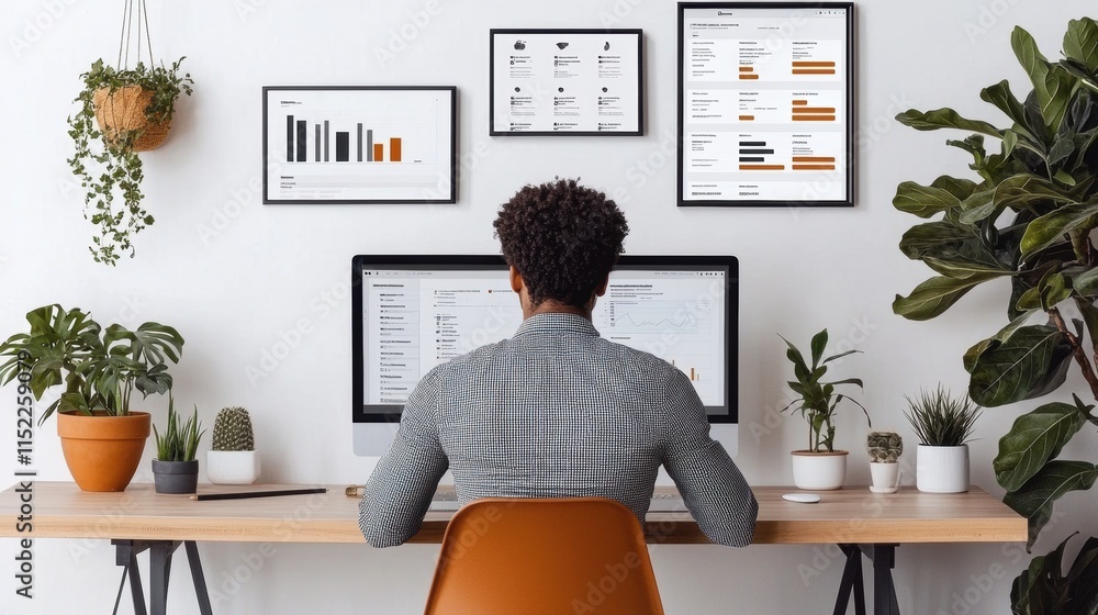 Poster man working on a desktop computer in a minimalist home office with potted plants and charts on the w