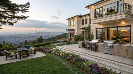A luxurious outdoor living space with a built-in kitchen, dining area, and panoramic city views at twilight.
