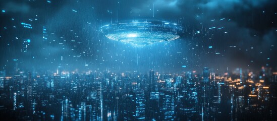 Futuristic spaceship hovering over a city at night, emitting blue light and data streams.