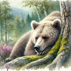 Obraz premium Bear resting by tree trunk in serene forest, painted in watercolor