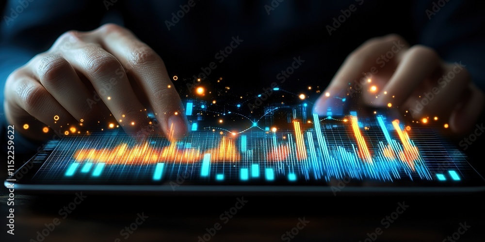 Poster digital analysis of data displayed on a tablet with vibrant visual statistical representations in a 