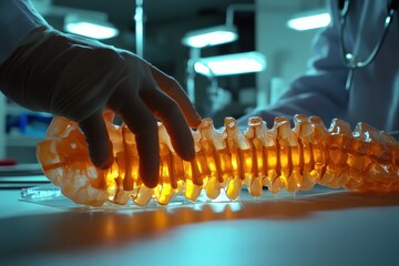 Fototapeta premium Demonstrating the Effects of Scoliosis on the Spine Using a Detailed Model in a Medical Clinic with Sharp Lighting and an Engaging AR Style