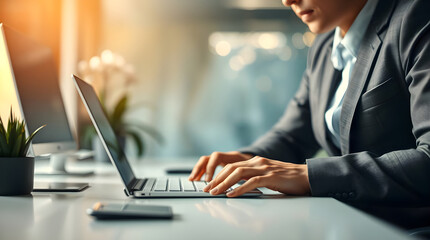 Professional in Modern Office Typing on Laptop with Soft Sunlit Background