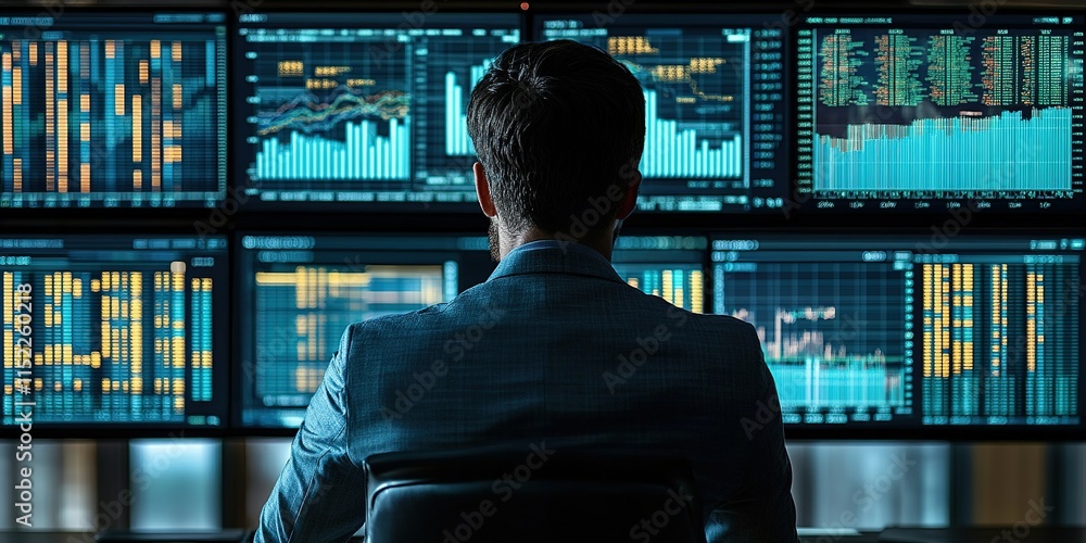 Aufkleber financial analyst monitoring stock market trends in a modern office with multiple screens displaying