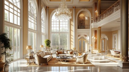 A spacious and modern living room with high ceilings, large windows, and elegant furnishings