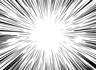 Black and white comic book background with radiating lines, vector illustration, white space in the center of the frame, vector graphics, simple shapes, vector art style, vector graphic, simple design