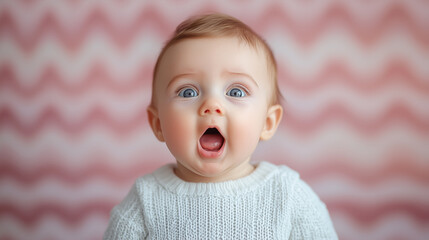 A baby with wide eyes and an open mouth shows a look of surprise. The little one is dressed in a soft white knit sweater, set against a warm pink zigzag backdrop.