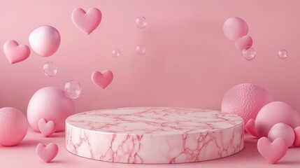 Light marble round platform surrounded by soft pink hearts and bubbles on a pastel pink background creates a playful and romantic atmosphere, perfect for Valentine's Day performances