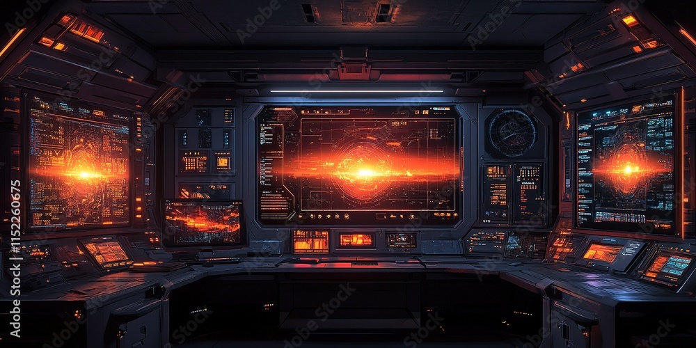 Poster futuristic control room with glowing displays and dynamic interfaces for space exploration