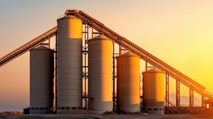 Obraz premium Row of industrial storage silos with conveyor system at sunset.