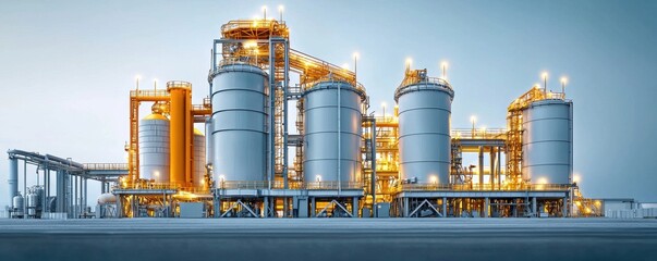 Modern industrial plant with illuminated storage silos and pipelines at night.