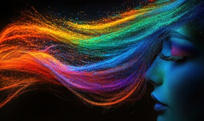 Vibrant colors swirl in a woman's flowing hair illuminated by neon light at night