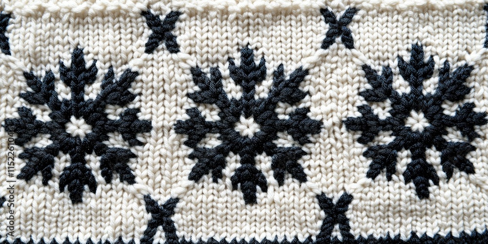 Poster knitted textile featuring intricate black and white snowflake patterns on a cream background