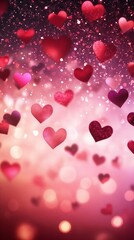 Blurred glittering hearts and lights. Gradient pink and red abstract backdrop. Romantic and love concept. Valentine's Day background. Vertical banner