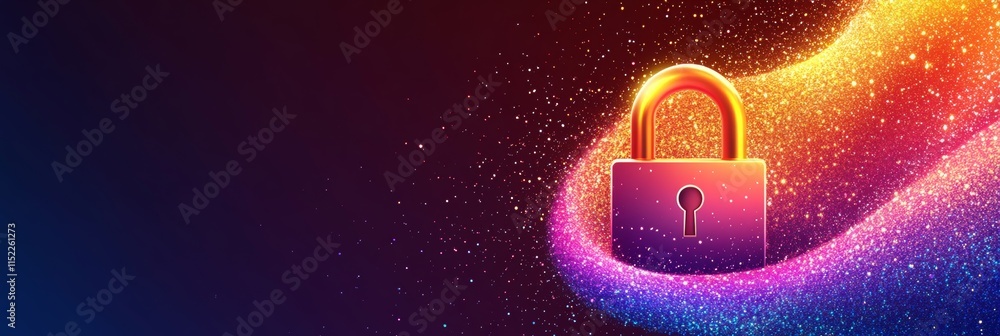 Poster digital security a golden padlock embedded in a shimmering, swirling abstract background
