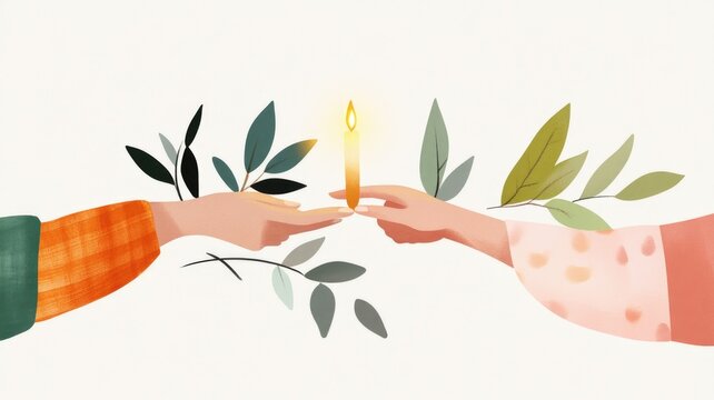 Two hands passing a candle surrounded by green leaves