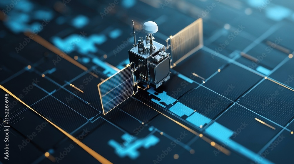 Poster satellite with solar panels orbiting above a digital grid on a dark background. space technology and