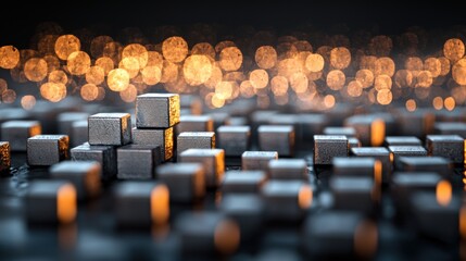 Obraz premium Metallic cubes with textured surfaces arranged on a reflective surface,