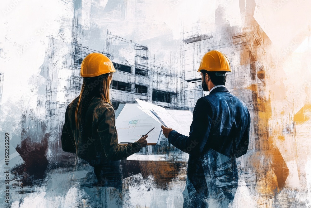 Poster two professionals presenting a project in an industrial setting with soft light and abstract impress