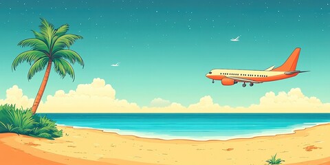 Airplane flying over a tropical beach with palm trees and blue sky in a serene coastal setting