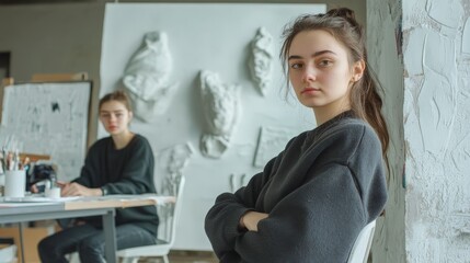 Naklejka premium Caucasian young females in art studio with sculptures and drawings.