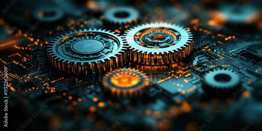 Poster intricate gears on a circuit board display the blend of mechanical and electronic design at night