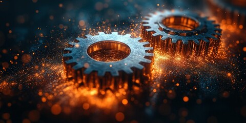 Gears spinning with vibrant sparks in a dark industrial setting