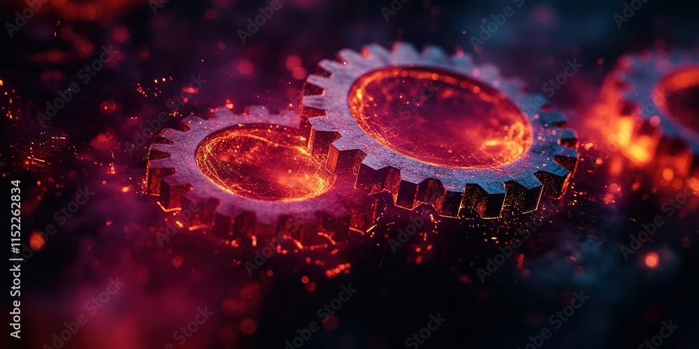 Poster gears interlocking with a fiery glow against a dark background showcasing mechanical energy in motio