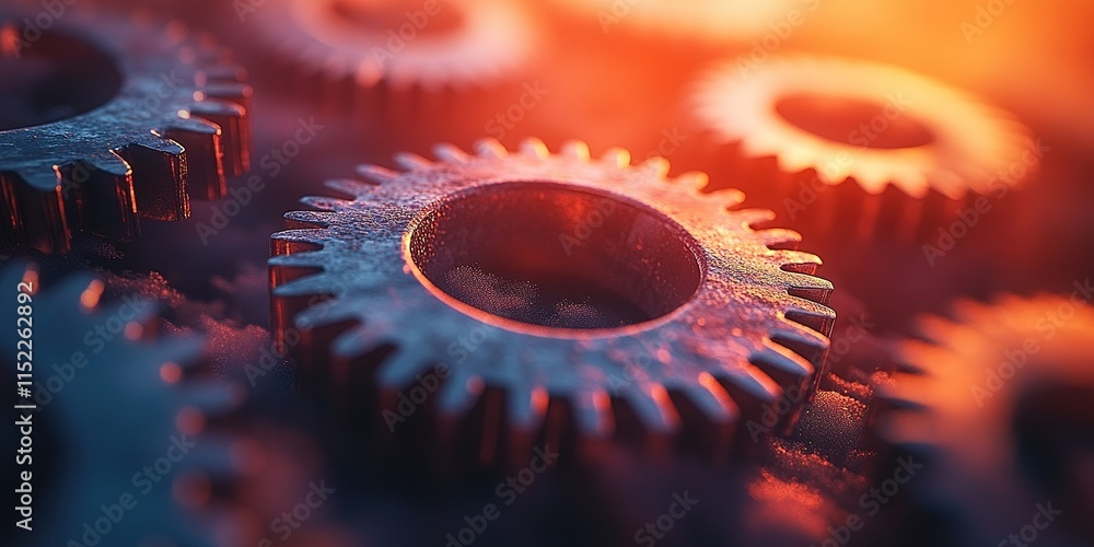 Aufkleber close-up view of metallic gears arranged on a textured surface illuminated by warm light