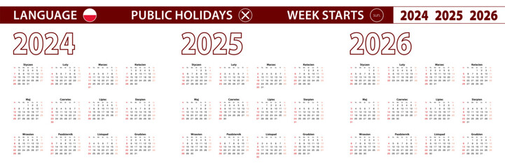 2024, 2025, 2026 year vector calendar in Polish language, week starts on Sunday.