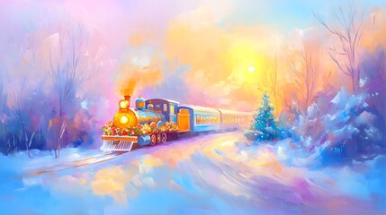 Obraz premium Festive Holiday Train in a Snowy Wonderland, winter background, Winter wallpaper