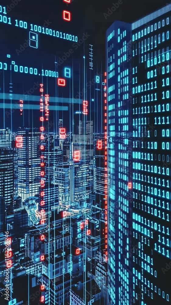 Poster city skyline enhanced by digital data displays at night with glowing lines and binary code