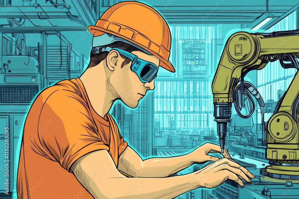 Poster worker in hard hat inspecting robotic arm in cartoon style drawing with exaggerated features in an a