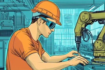 Worker in Hard Hat Inspecting Robotic Arm in Cartoon Style Drawing with Exaggerated Features in an Assembly Line Setting