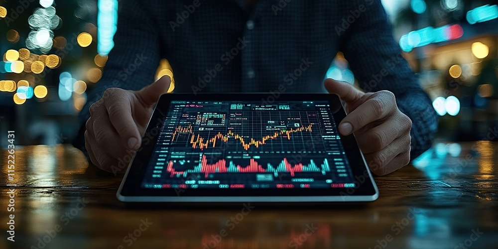 Poster analyzing market trends using a digital tablet with financial data and charts in a busy urban settin