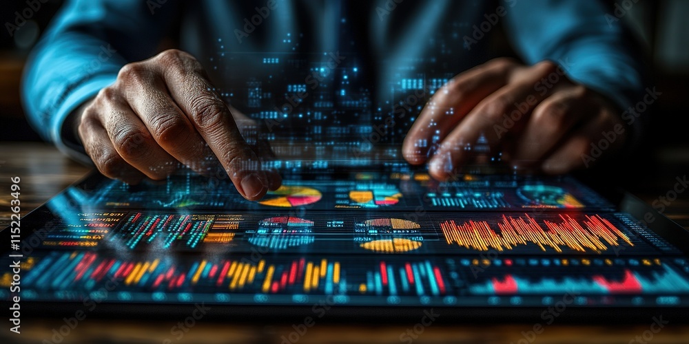 Aufkleber data analysis conducted on a tablet with colorful charts in a modern workspace