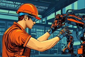 Cartoon-style illustration of a worker in an orange hard hat inspecting a robotic arm in an assembly line setting with exaggerated features and vibrant colors.