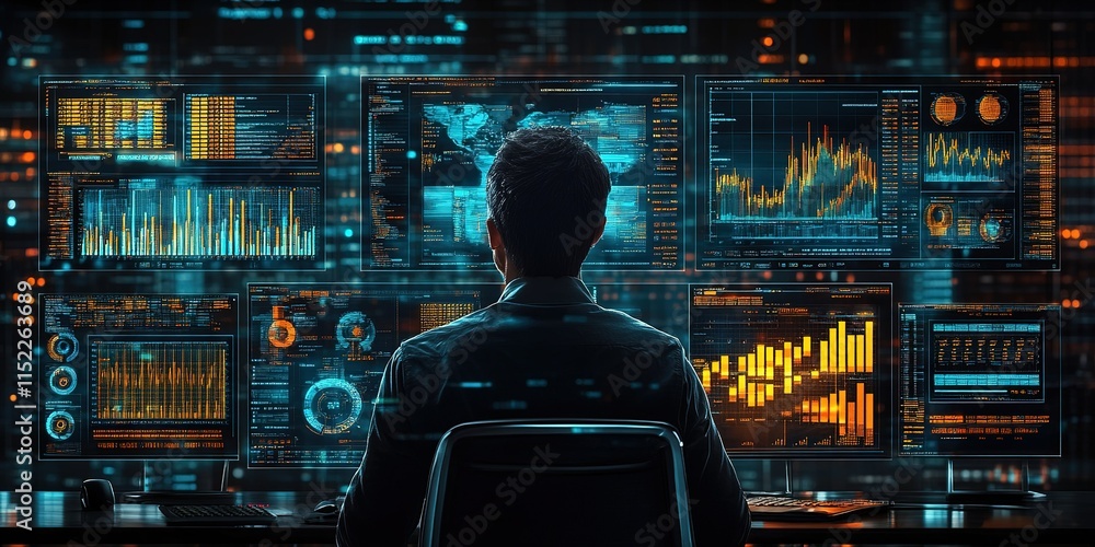 Poster data analyst analyzes complex information on multiple screens in a high-tech environment at night