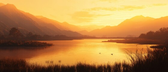 Fototapeta premium golden hour over a serene lake surrounded by mountains and grasses