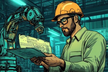 Cartoon Style Illustration of a Man in Hard Hat Inspecting Robotic Arm in an Assembly Line Setting with Exaggerated Features and Vibrant Colors