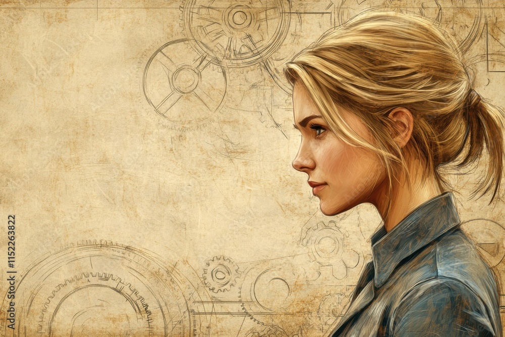 Poster intricate hand-drawn sketch of an engineer working with gears in a workshop environment featuring de