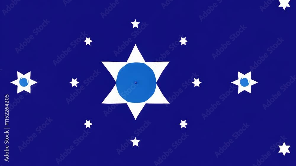 Poster colorful geometric pattern with blue and white stars and shapes on a deep blue background creating a