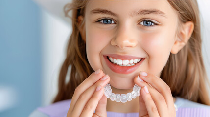Young girl smiles brightly holding clear aligners with teeth visible, showcasing orthodontic treatment and confidence in dental care in bright environment