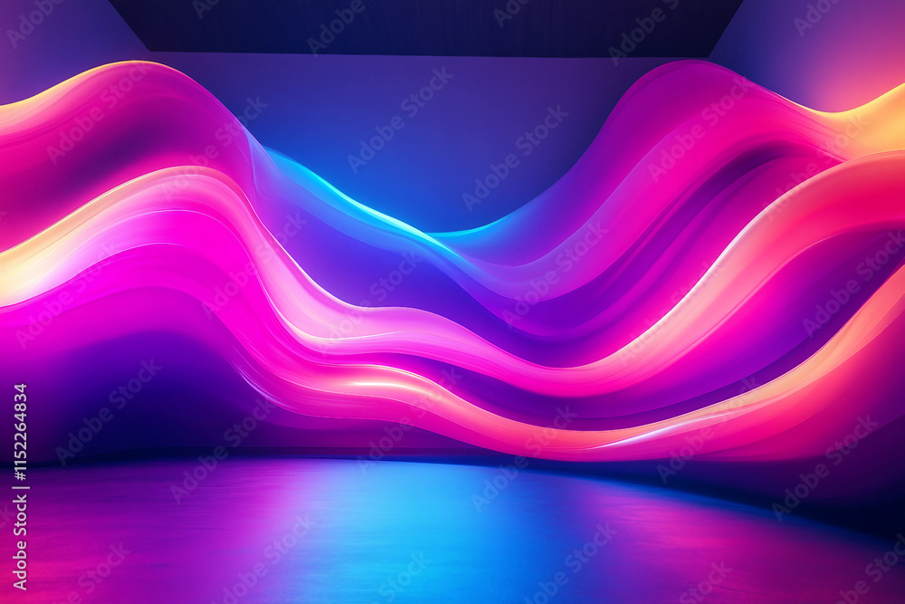 Poster 3d render, abstract background with wavy lines in neon purple and pink colors made ai generative