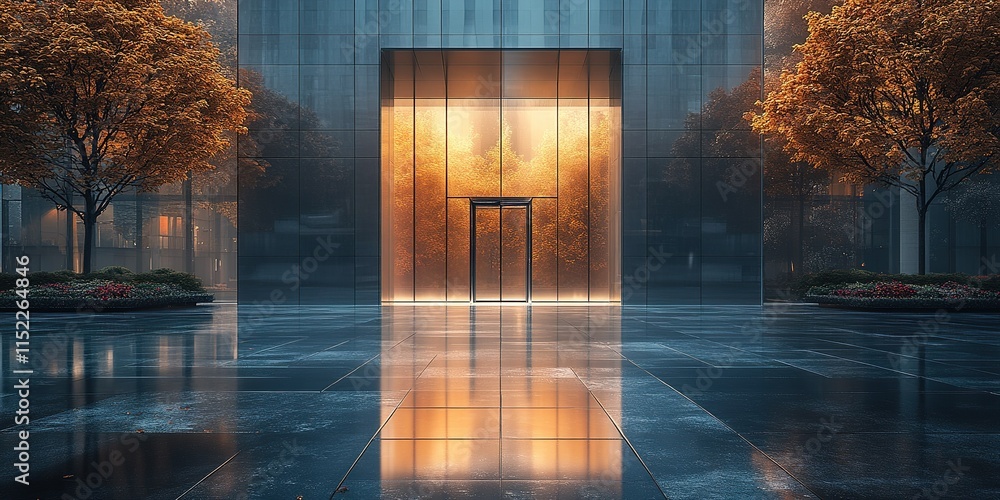 Poster modern architecture illuminated by warm light at dusk with reflections in a sleek plaza surrounded b