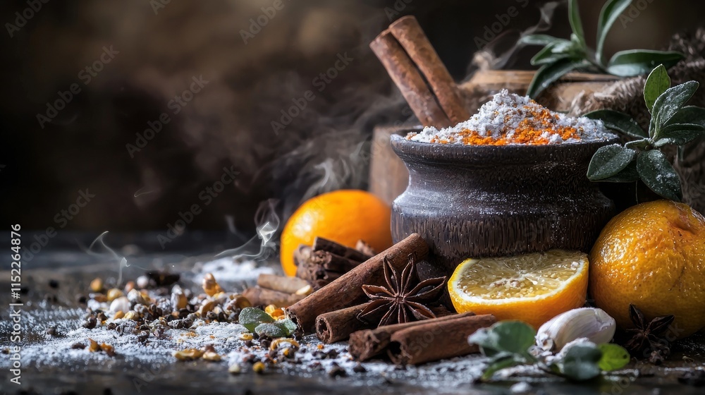 Poster rustic spices and citrus in a moody setup